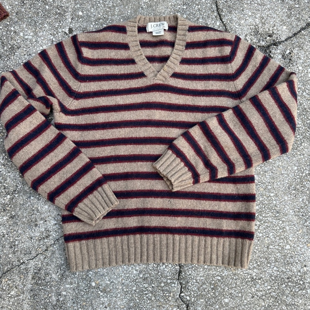 J.Crew Mens XS V-Neck Wool Sweater Tan Navy Red Striped Knit Pullover